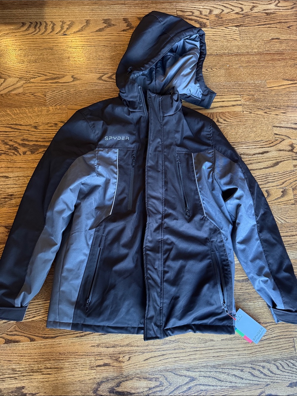 New Spyder Winter Thermoweb 3.0 Coat Jacket Removable Hood Men’s Sm Gray Black